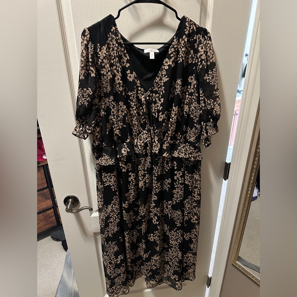 LC Lauren Conrad Black Midi Dress with Beige Floral Print